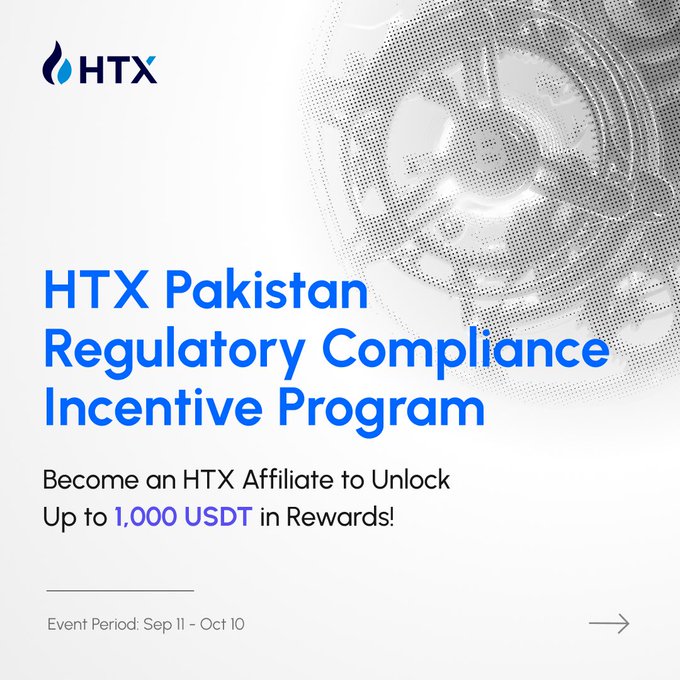 A promotional banner for 'HTX Pakistan Regulatory Compliance Incentive Program' invites affiliates to earn up to '1,000 USDT in Rewards' with an event period of Sep 11 - Oct 10.