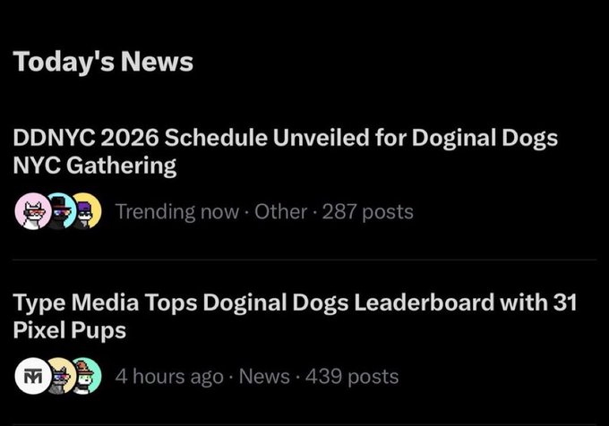 A news feed titled "Today's News" featuring two headlines: "DDNYC 2026 Schedule Unveiled for Doginal Dogs NYC Gathering" and "Type Media Tops Doginal Dogs Leaderboard with 31 Pixel Pups."