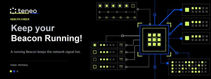The image displays a dark-themed graphic featuring the "teneo" logo with the heading "Keep your Beacon Running!" and the tagline "A running Beacon keeps the network signal live," visually illustrating a network of connected nodes representing a Beacon system that aligns with the post's message about maintaining consistent uptime to maximize Beacon Power and multiplier rewards.