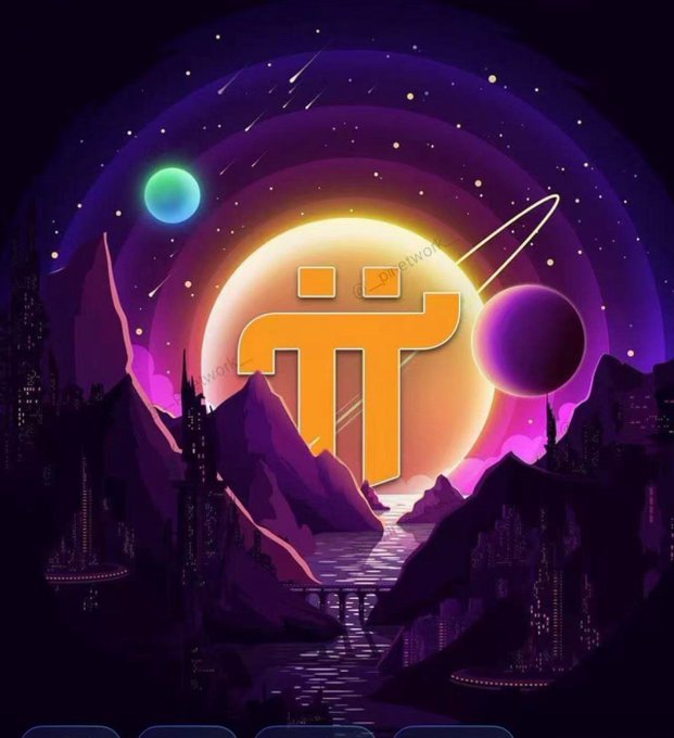 A digital illustration featuring a glowing orange Pi (π) cryptocurrency logo set against a cosmic backdrop with planets, stars, mountains, and futuristic purple-hued landscapes.