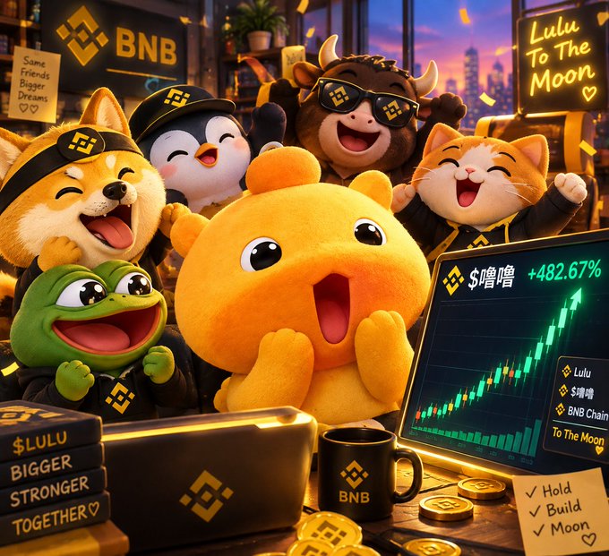 A vibrant AI-generated illustration featuring cartoon mascots including a Shiba Inu, penguin, bull, and frog celebrating cryptocurrency, with BNB logos, a chart showing '$噜噜 +482.67%', and text like 'Lulu To The Moon' and '$LULU BIGGER STRONGER TOGETHER'.