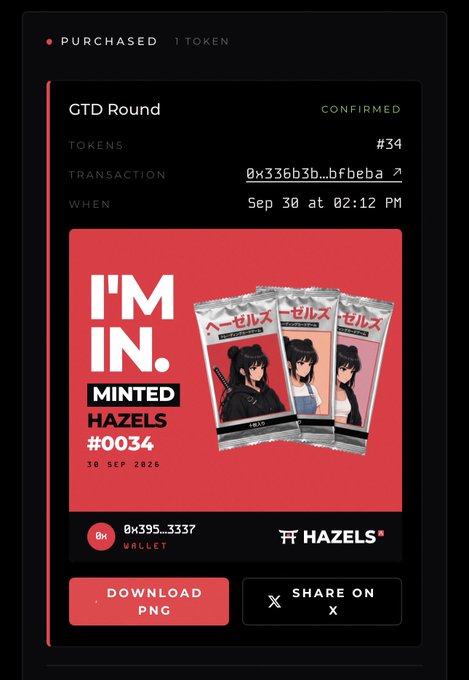 A confirmation screen for a purchased NFT token #34 from 'GTD Round' displayed on a 'HAZELS' platform, with transaction details and a red graphic showing anime-style character card packs dated 30 SEP 2026.