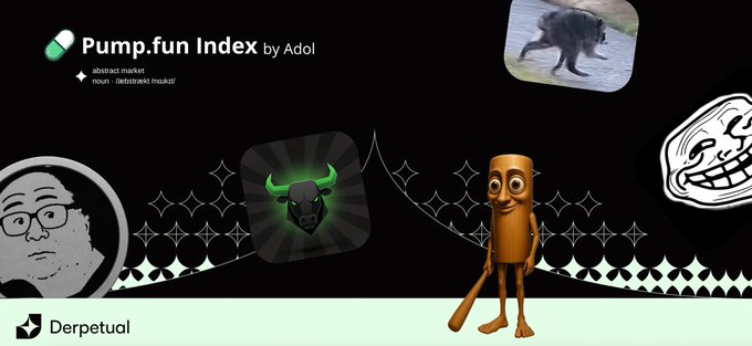 A promotional graphic for the 'Pump.fun Index by Adol' on the Perpetual platform features various meme icons, including a green bull head and a cartoonish wooden character.