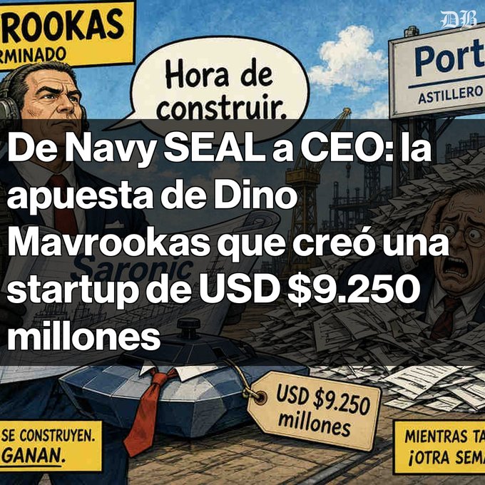 A Spanish-language article headline reading 'De Navy SEAL a CEO: la apuesta de Dino Mavrookas que creó una startup de USD $9.250 millones' with comic-style illustrations of a businessman and a shipyard.