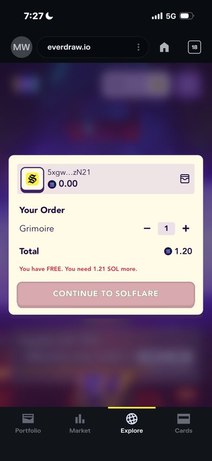 A mobile screenshot from everdraw.io showing an NFT purchase order for an item called 'Grimoire' priced at 1.20 SOL, with a message indicating 'You have FREE. You need 1.21 SOL more.' and a 'CONTINUE TO SOLFLARE' button.