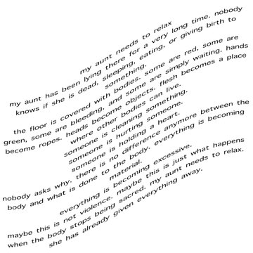A photograph of text discussing a dark, visceral scene about an aunt hanging herself, describing the body as turning green, becoming fleshy, and being eaten by the aunt.