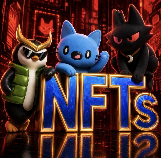 A 3D-rendered artwork featuring three cartoon cats (a penguin-like cat with sunglasses, a blue cat, and a black cat) posing around large gold and blue 'NFTS' letters against a dark red cityscape background.