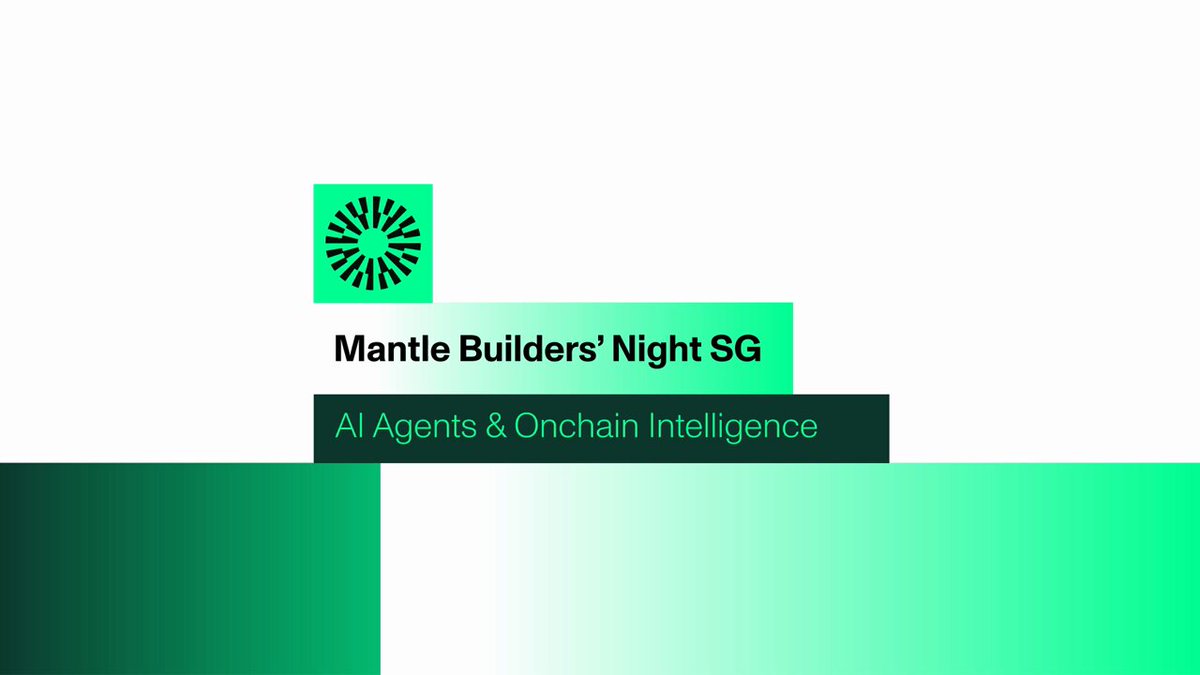 The image features a logo for a company named Mantle Builders' Night Sg. The logo consists of a green circle with a white sunburst design inside it, accompanied by the text "Mantle Builders' Night Sg" written in black letters below the circle. Below this, there is a line of text that reads "AI Agents & Onchain Intelligence". This suggests that Mantle Builders' Night Sg specializes in AI-related services and solutions for businesses.