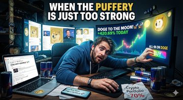 A YouTube thumbnail showing a frustrated man at a desk full of monitors and crypto coins with the text 'WHEN THE PUFFERY IS JUST TOO STRONG', 'DOGS TO THE MOON!! 2000.99% TODAY', and 'USE THE CODE XIO', along with a '70%' badge.