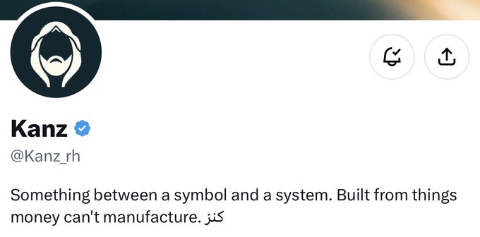 A Twitter/X profile for "Kanz" (@Kanz_rh) with a verified blue checkmark, featuring a hooded figure logo and the bio "Something between a symbol and a system. Built from things money can't manufacture. كنز". The post highlights Kanz as launching 3,333 items on Robinhood with a GameFi, Arab-inspired concept.