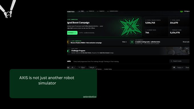 A website screenshot for AXIS ROBOTICS showing an "Ignal Boost Campaign" with a token price of $214,870, alongside a green box stating "AXIS is not just another robot simulator" by axisrobotics.