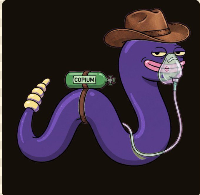 A cartoon illustration of a purple snake wearing a brown cowboy hat and an oxygen mask, with a green tank strapped to its body labeled 'COPIUM'.