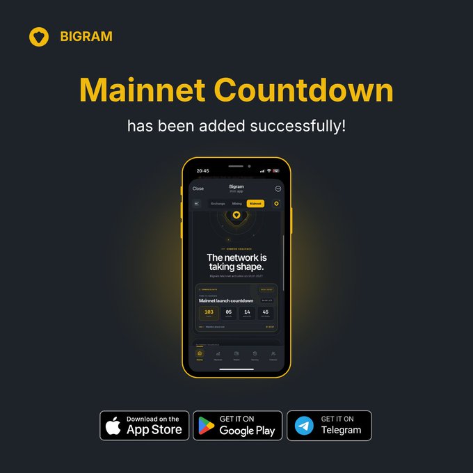 A promotional graphic for 'BIGRAM' announces 'Mainnet Countdown has been added successfully!', featuring a smartphone mockup displaying the app interface and download links for the App Store, Google Play, and Telegram.