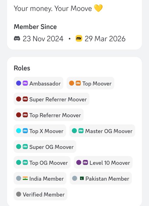 The image shows a screenshot of a Moove app screen, specifically displaying a list of roles for members who have unlocked a huge milestone of crossing 100K volume on their Moove wallet. The screen also includes information about member status and mentions the Super Referee Moover as one of the top roles in the community. It is an advertisement for Moove with emojis related to hearts, which adds a playful element to the post. Overall, the post highlights the accomplishment and features a few key terms from the app's interface.