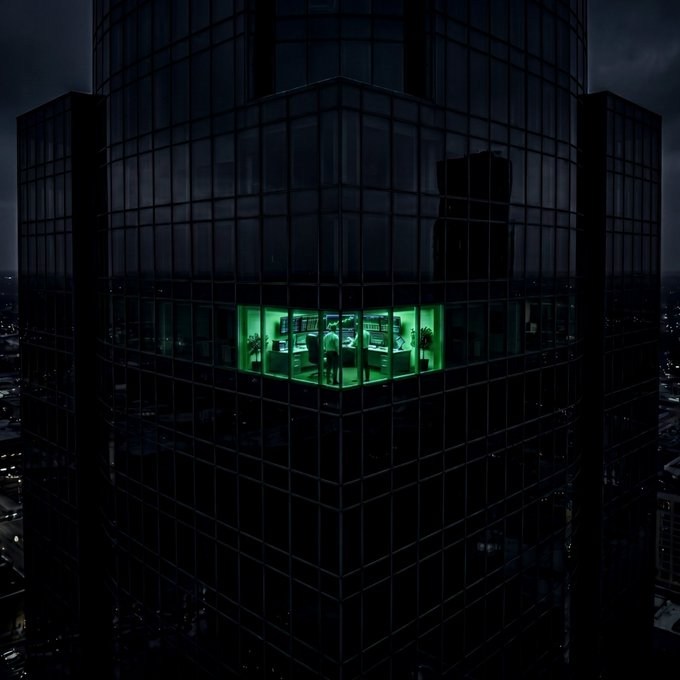 A single office window glows bright green against a dark, monolithic skyscraper at night, with two figures standing inside at a desk surrounded by glowing monitors, evoking the loneliness and intensity of crypto trading. The image's isolated green-lit room amid darkness visually echoes the post's "$SHIDO Top 20 At least," suggesting a lone trader celebrating a milestone ranking amid an otherwise dim landscape.