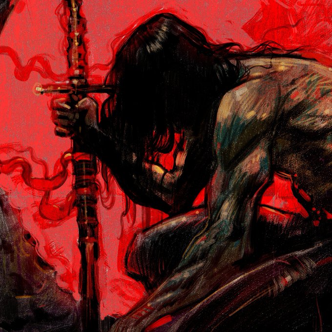A dark, moody digital painting of a figure with long black hair holding a sword, set against a vivid red background with red smoke or energy swirling around them.