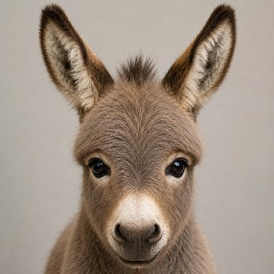 A close-up portrait of a young donkey foal with large ears looking directly at the camera against a gray background.
