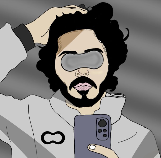 The image features a man with black hair wearing a gray jacket, holding up his phone to take a selfie. He has a beard and mustache, giving him a unique appearance. The caption of the image reads "Gmum Optimum Fam ! How are you all ? ~It took me 4 days to make this sketch of mine on Ibis ~Draw it hundred times and then removed it again and again to modify hahaa @get_optimum". This post seems to be a humorous take on the concept of blockchains, with the man's selfie being used as an example.