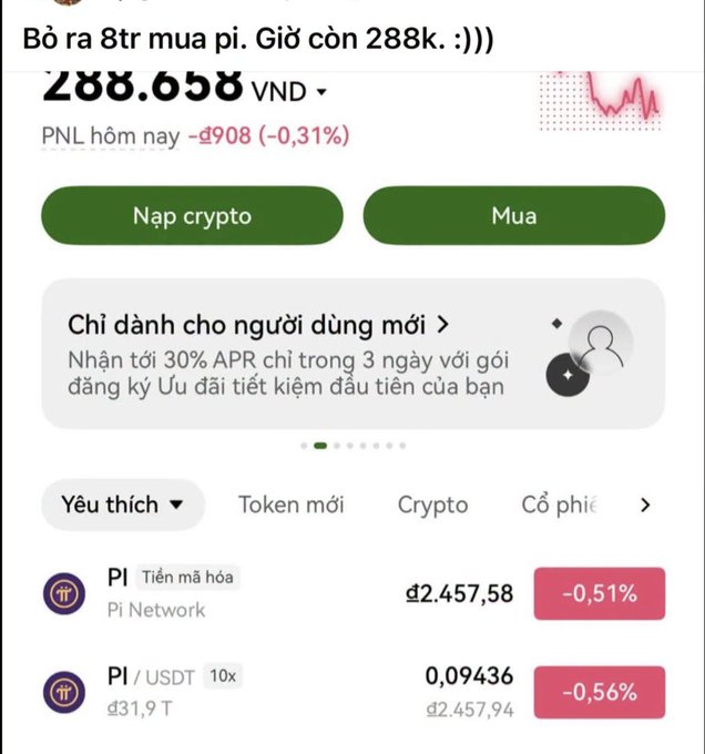 A Vietnamese crypto app screenshot showing a user spent 8 million VND buying Pi coin and now only has 288k VND left, with Pi Network price at ₫2,457.58.