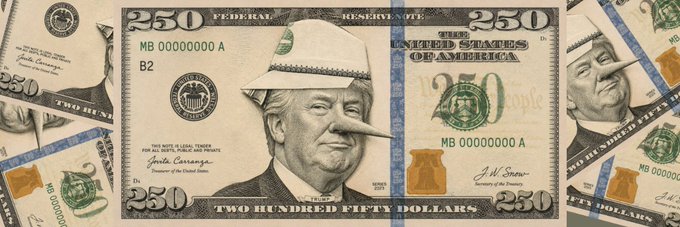 The image features a collection of US dollar bills, with one of them prominently displaying a cartoon depiction of Donald Trump wearing a hat and a fake nose. The text "THE USA OF AMERICA" can also be seen among the bills. This unusual display is likely meant as a humorous commentary on the current political climate or to draw attention to the post about Trump.