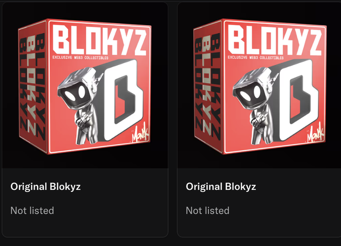 Two "BLOKYZ" NFT boxes labeled "Exclusive Web3 Collectibles" and "Original Blokyz" are displayed side by side, both marked as "Not listed." The image illustrates the collector's excitement about receiving their presale airdrop from Blokyz, a Web3 collectibles project, which ties into the post about committing more to the raffle.