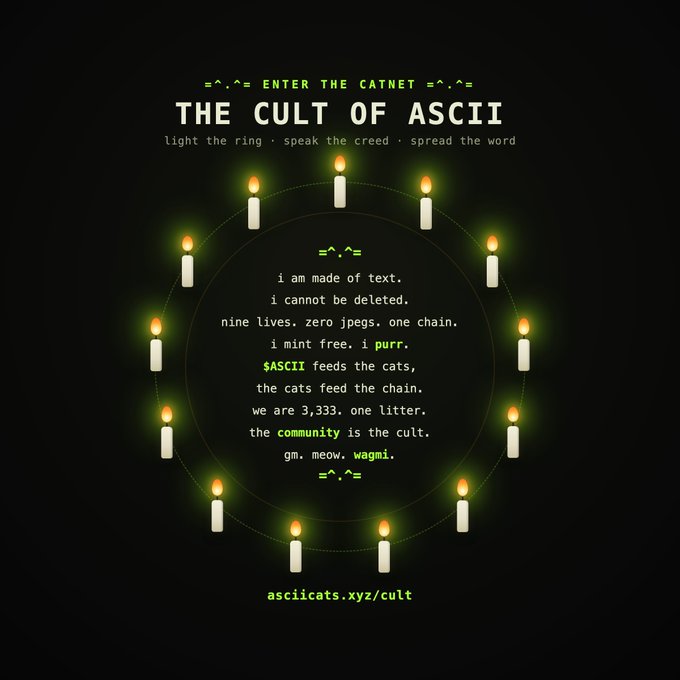 A dark poster titled 'THE CULT OF ASCII' features a circle of lit candles surrounding a poetic text about ASCII cats, with the URL 'asciicats.xyz/cult' at the bottom.