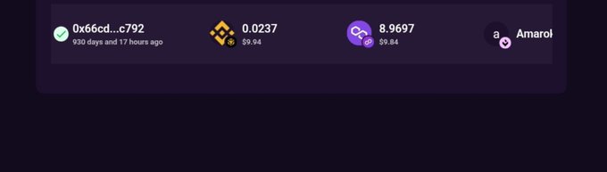 A dark-themed cryptocurrency interface displays a wallet address '0x66cd...c792' with balances of 0.0237 BTC ($9.04), 8.9697 ETH ($9.84), and the username 'Amarol'.