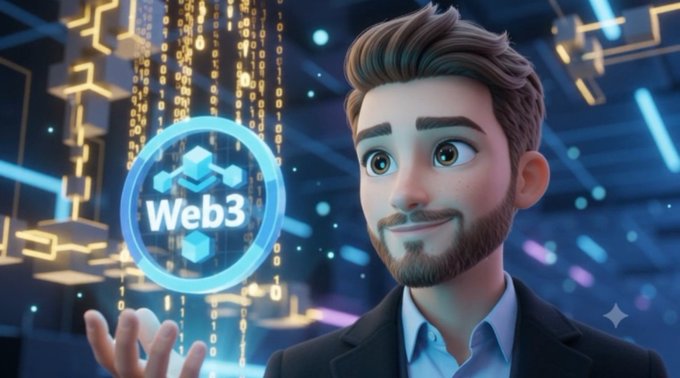 A 3D animated bearded man in a suit holds up his hand toward a glowing holographic 'Web3' cube logo surrounded by digital binary code.