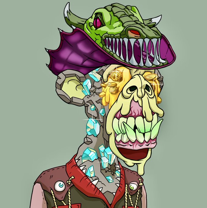 A colorful cartoon-style illustration of a grotesque monster creature featuring a green reptilian head with sharp teeth sitting atop a melting yellow skull-like face, with gold coins and blue crystals embedded in its neck.