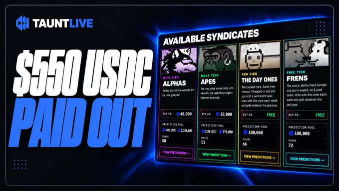 A TAUNTLIVE graphic advertises “$550 USDC PAID OUT” and lists syndicates including ALPHASA, APES, THE DAY ONES, and FRENS.
