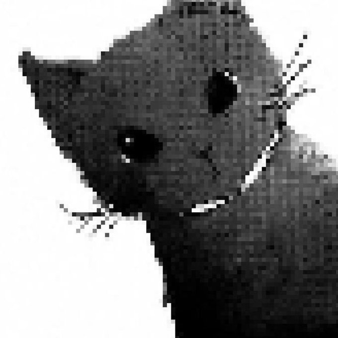 A pixelated grayscale image of a sad-looking cat with large dark eyes, depicted in a low-resolution vintage meme style.