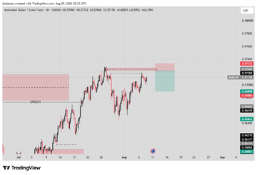 A TradingView candlestick chart for AUDUSD showing a 'CHoCH' technical analysis pattern with red resistance and pink/green support zones.