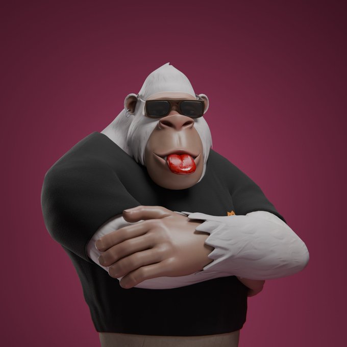 A 3D-rendered character of a muscular monkey wearing sunglasses, a black t-shirt, and a white undershirt, posing with crossed arms against a solid pinkish-red background.