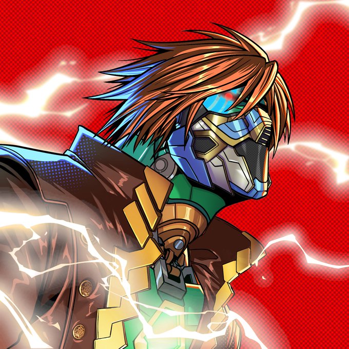 The image features a man with long hair wearing a brown leather jacket, standing against a red background with lightning bolts. The man appears to be a character from a comic book or anime series, possibly a superhero or a powerful individual. The lightning bolts in the background add an element of danger and excitement to the scene.
