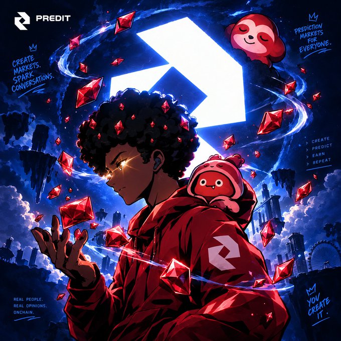 Anime-style promotional artwork for the platform "PREDIT" features a character with curly hair surrounded by floating red gemstones, with text including "PREDICTION MARKETS FOR EVERYONE.", "CREATE MARKETS. SPARK CONVERSATIONS.", and "REAL PEOPLE. REAL OPINIONS. ONCHAIN."