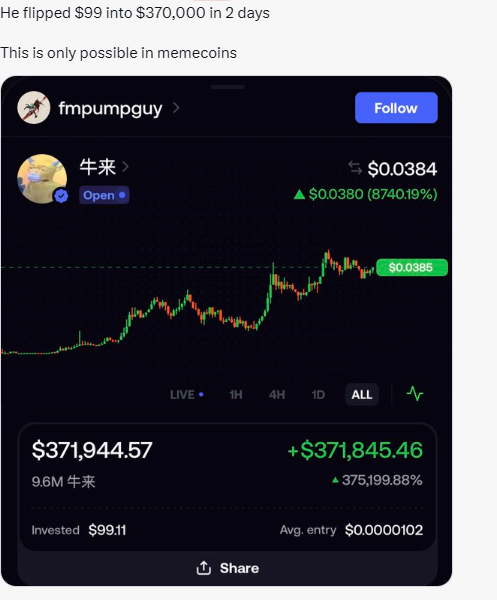 A screenshot of a portfolio showing a memecoin (牛来) that turned $99.11 into $371,944.57, with text stating 'He flipped $99 into $370,000 in 2 days. This is only possible in memecoins.'