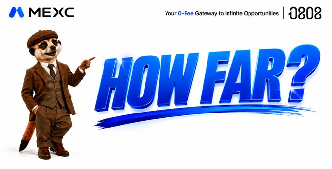 A MEXC cryptocurrency exchange banner featuring a chipmunk in a brown suit pointing to the text 'HOW FAR?' under 'Your 0-Fee Gateway to Infinite Opportunities'.
