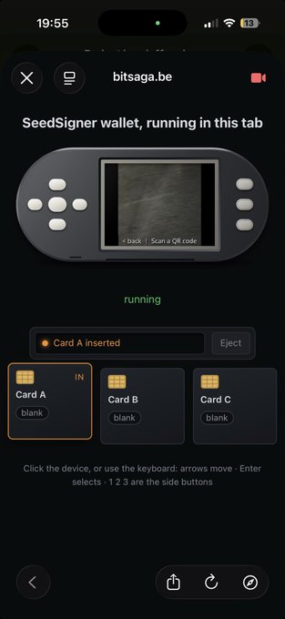 Screenshot of the bitsaga.be website showing a SeedSigner wallet emulator running in a browser tab, with the device display reading "< back | Scan a QR code," the status "running," and "Card A inserted" highlighted as the active smartcard mockup.