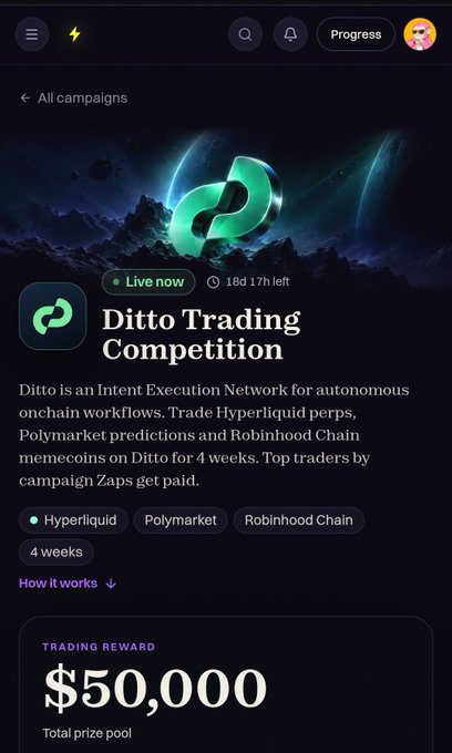 A mobile app screen showing a 'Ditto Trading Competition' with a $50,000 total prize pool for trading Hyperliquid perps, Polymarket predictions, and Robinhood Chain memecoins.