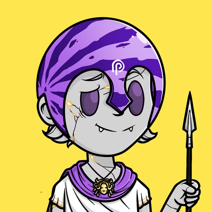 An illustration of a grey-skinned cartoon character with a large purple helmet/hair, holding a spear, wearing a purple scarf with a Medusa-like emblem on a yellow background.