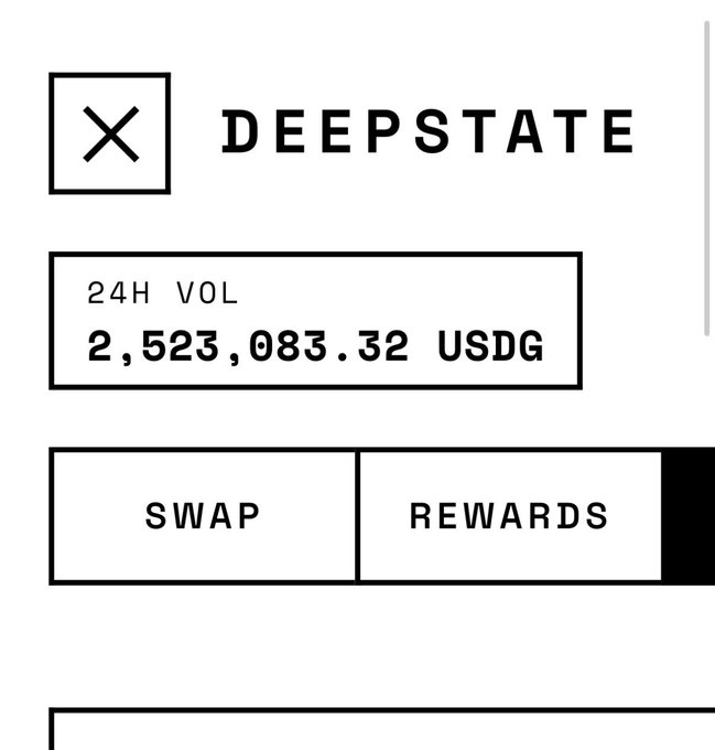 A mobile interface screenshot for 'DEEPSTATE' showing 24H VOL of 2,523,083.32 USDG, with 'SWAP' and 'REWARDS' buttons below.