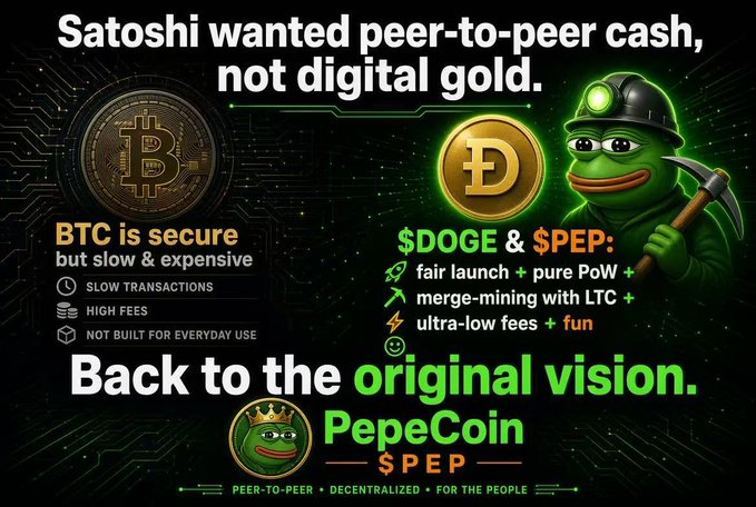 A PepeCoin ($PEP) promotional graphic featuring a Pepe the Frog miner character, contrasting Bitcoin's slow/expensive transactions with $DOGE and $PEP's faster, cheaper peer-to-peer vision.