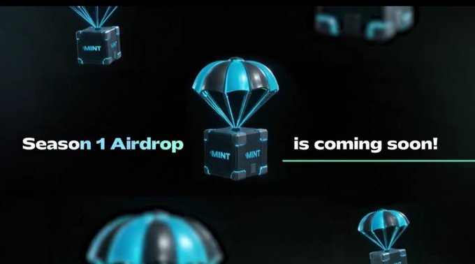A promotional graphic announcing 'Season 1 Airdrop is coming soon!' featuring 3D rendered blue and black parachutes delivering metallic MINT-branded cubes against a dark background.