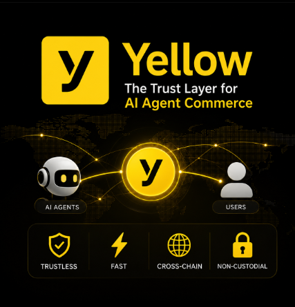 The image features a yellow square with the word "Yellow" written inside, accompanied by a white robot figure. Below this, there are four icons representing different aspects of AI agent commerce: a shield symbolizing trust, a lightning bolt symbolizing fast transactions, a globe symbolizing global reach, and a lock symbolizing security. The image also includes text that reads "The Trust Layer for AI Agent Commerce" and "Why does it call itself the trust layer?". This suggests that the image is promoting Yellow Network as an AI agent commerce platform that focuses on building trust between agents and users in the world of commerce.