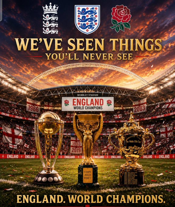 A humorous photoshopped image claiming "ENGLAND. WORLD CHAMPIONS." featuring the England football crest, three trophies (including the Cricket World Cup, Coupe Jules Rimet, and Webb Ellis Cup), and dates like 1966, 2003, 1983, and 2019 at Wembley Stadium.