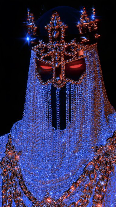 A dark, ornate figure wearing an elaborate jeweled crown and a cascading chainmail veil with red-tinted eyes against a black background.