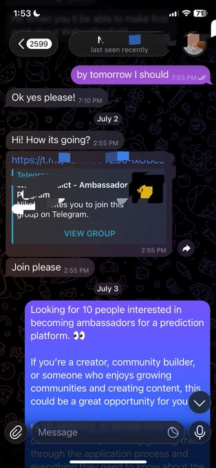 A screenshot of a Telegram chat shows a user sharing a link to a "Project - Ambassador" group and inviting others to "Join please," followed by a message announcing they're "Looking for 10 people interested in becoming ambassadors for a prediction platform," tying directly to the post's teaser about selecting 10 ambassadors.