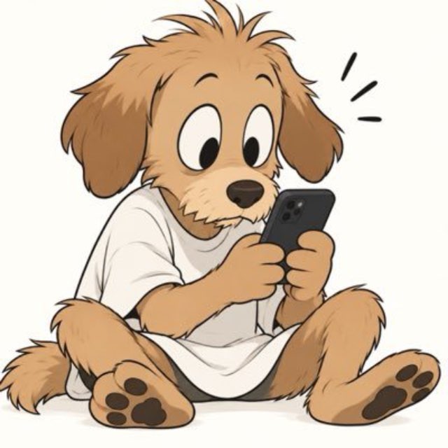A cartoon illustration shows a fluffy brown puppy wearing a white t-shirt, sitting and looking surprised while holding a smartphone.