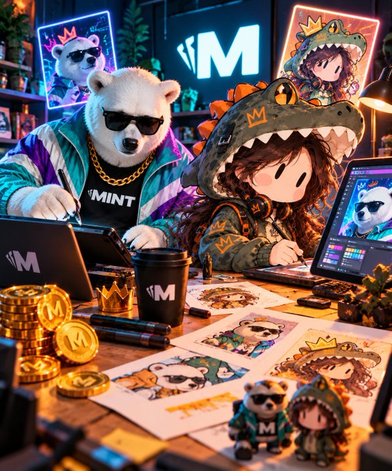 An illustrated scene of the "MINT" polar bear mascot working at a desk alongside an anime-style character in a dinosaur hoodie, surrounded by gold coins and merchandise.