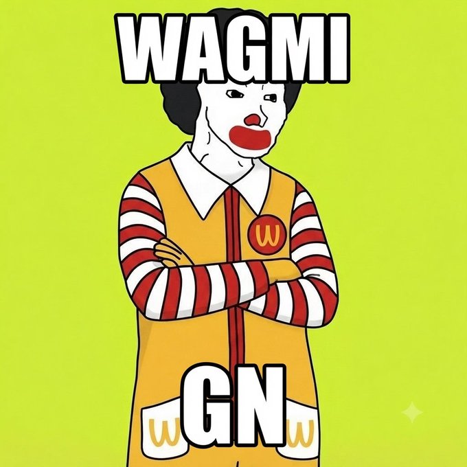 A Ronald McDonald clown character with crossed arms on a yellow-green background, with 'WAGMI' (We're All Gonna Make It) text above and 'GN' (Good Night) text below.